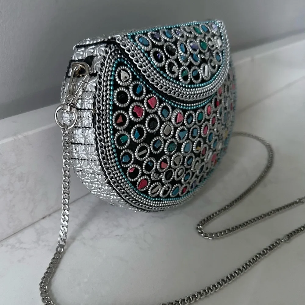 NEW Never Used Ramla Handmade Silver with Multi Colored Mosaic Beaded Clutch